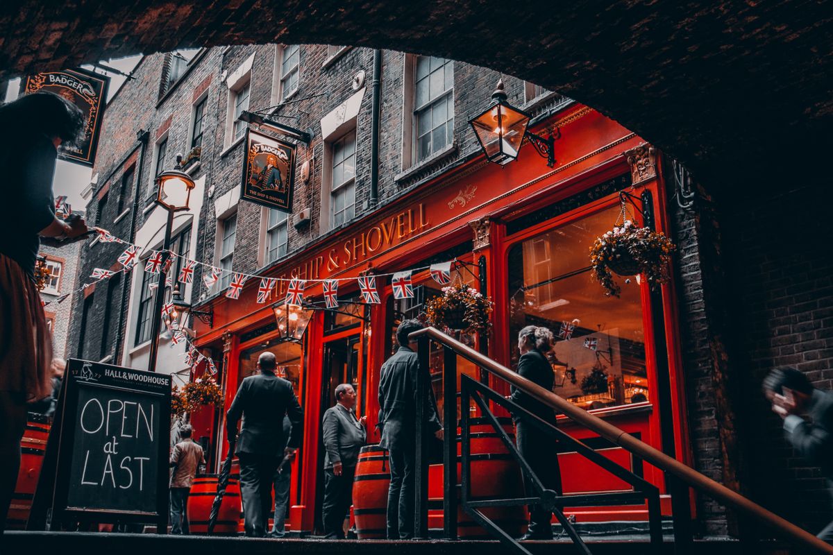 A London pub decorated with Union Jack flags